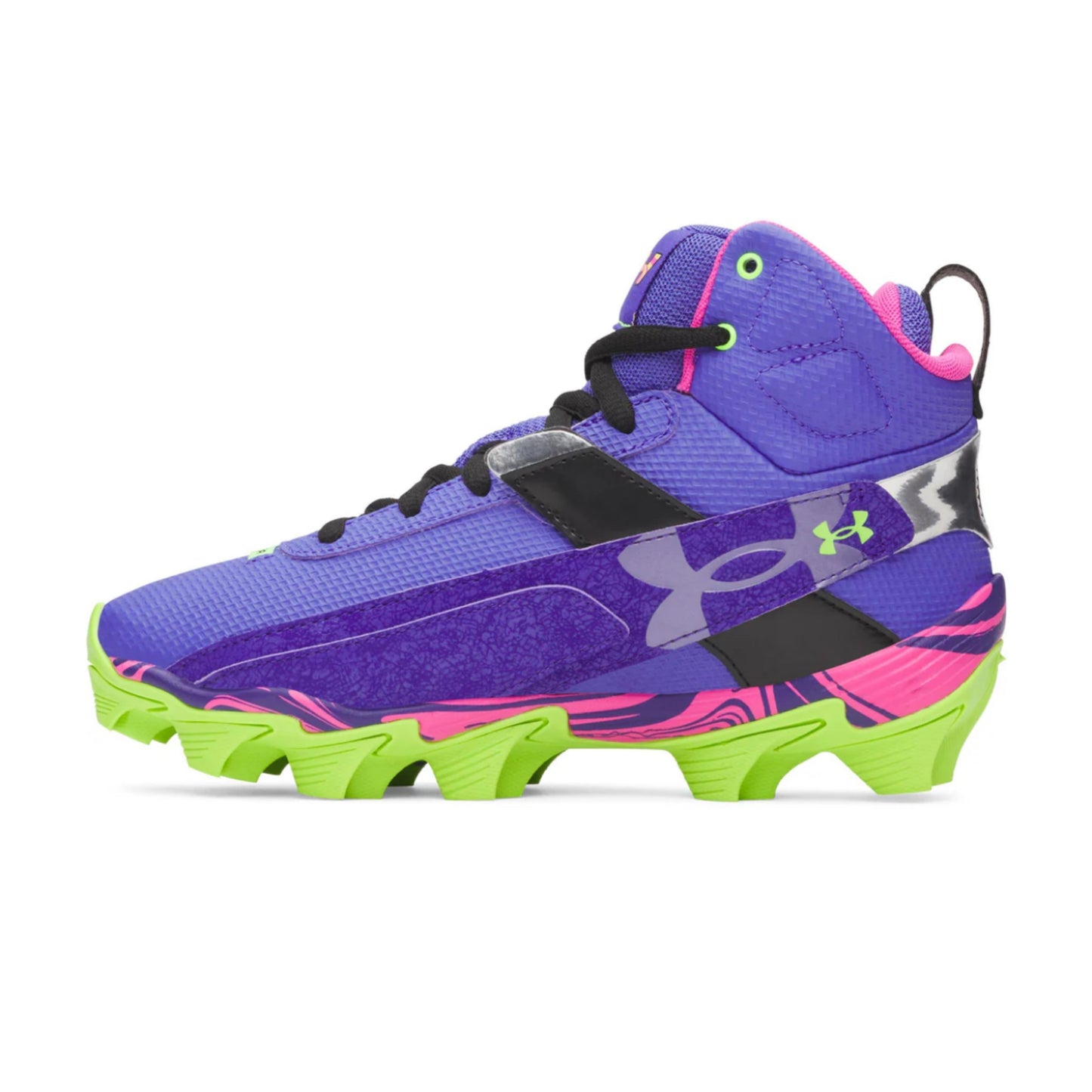 A photo of the Under Armour Harper 10 RM Jr. PE "Mad House" Boys' Baseball Cleats in colour purple, pink and green.