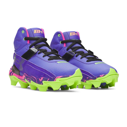 A photo of the Under Armour Harper 10 RM Jr. PE "Mad House" Boys' Baseball Cleats in colour purple, pink and green.