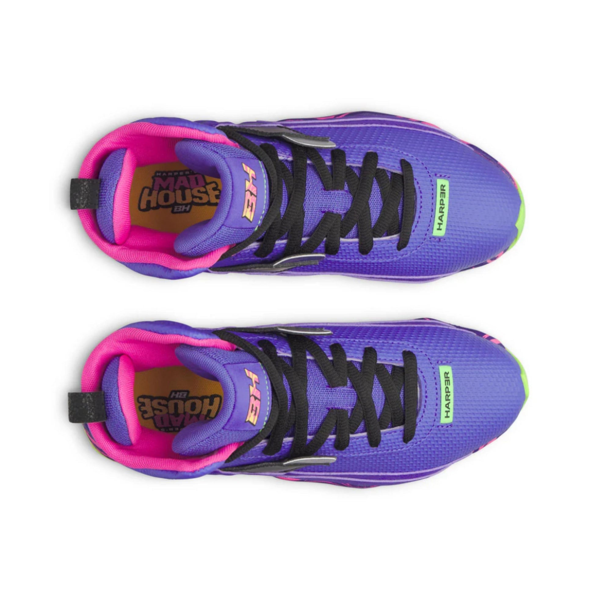 A photo of the Under Armour Harper 10 RM Jr. PE "Mad House" Boys' Baseball Cleats in colour purple, pink and green.