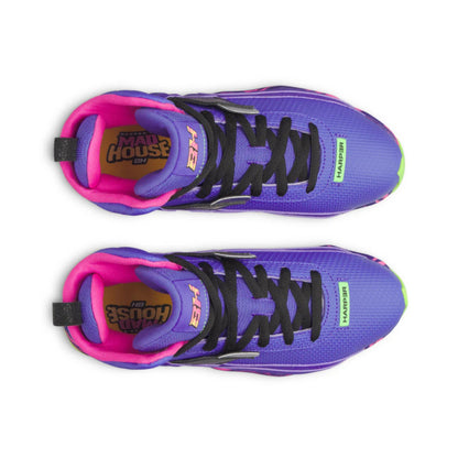A photo of the Under Armour Harper 10 RM Jr. PE "Mad House" Boys' Baseball Cleats in colour purple, pink and green.