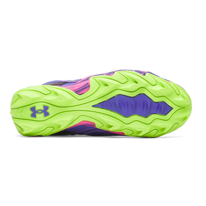 A photo of the Under Armour Harper 10 RM Jr. PE "Mad House" Boys' Baseball Cleats in colour purple, pink and green.