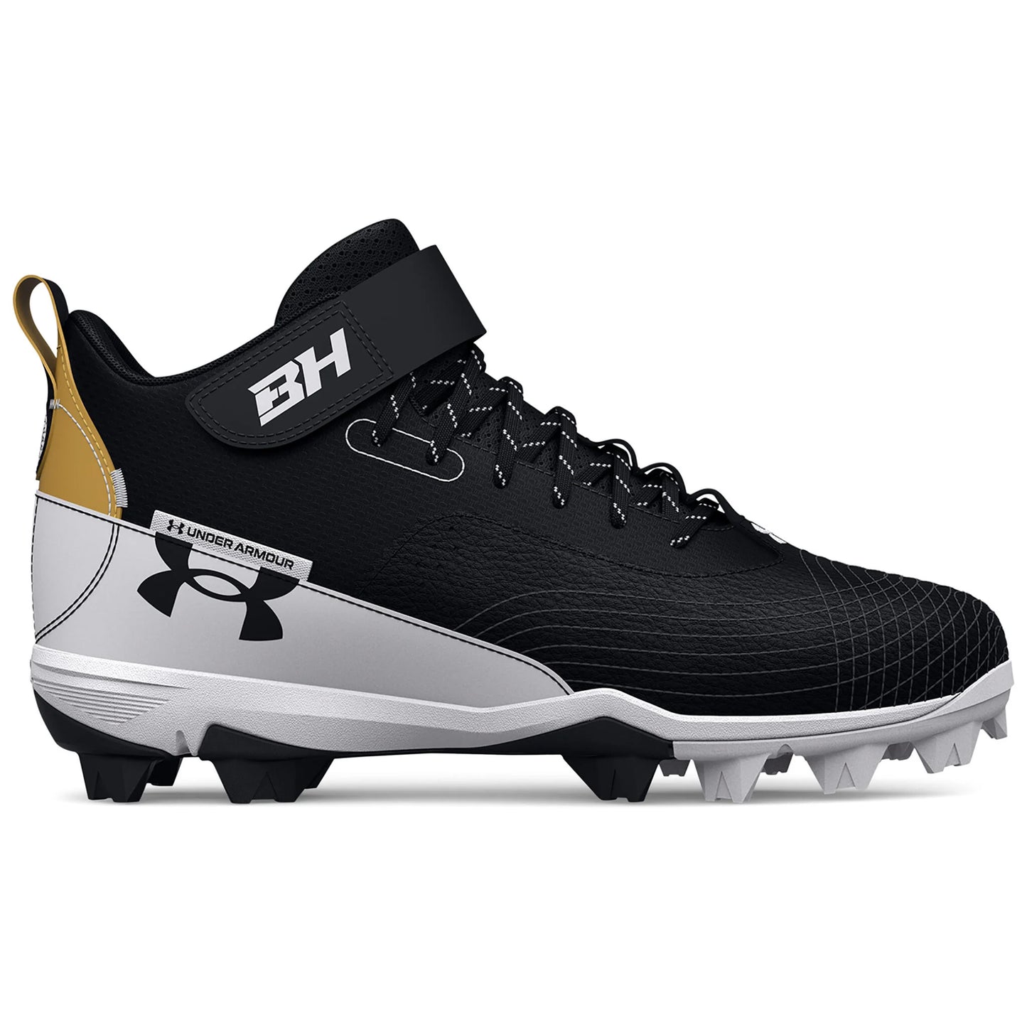 A photo of the Under Armour Harper 7 Mid RM Men's Cleats in colour black side view.