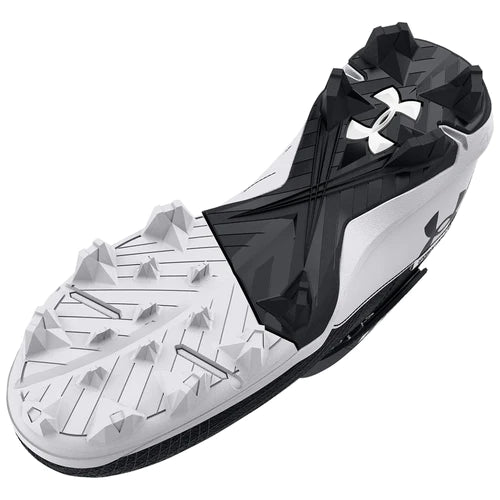 A photo of the Under Armour Harper 7 Mid RM Men's Cleats in colour black bottom view white and black sole.
