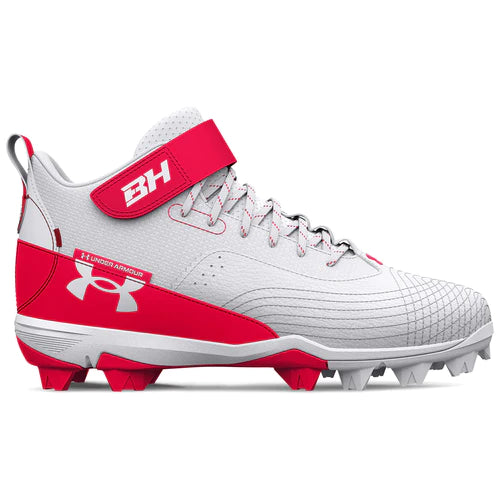 A photo of the Under Armour Harper 7 Mid RM Men's Cleats in colour white and red, side view.
