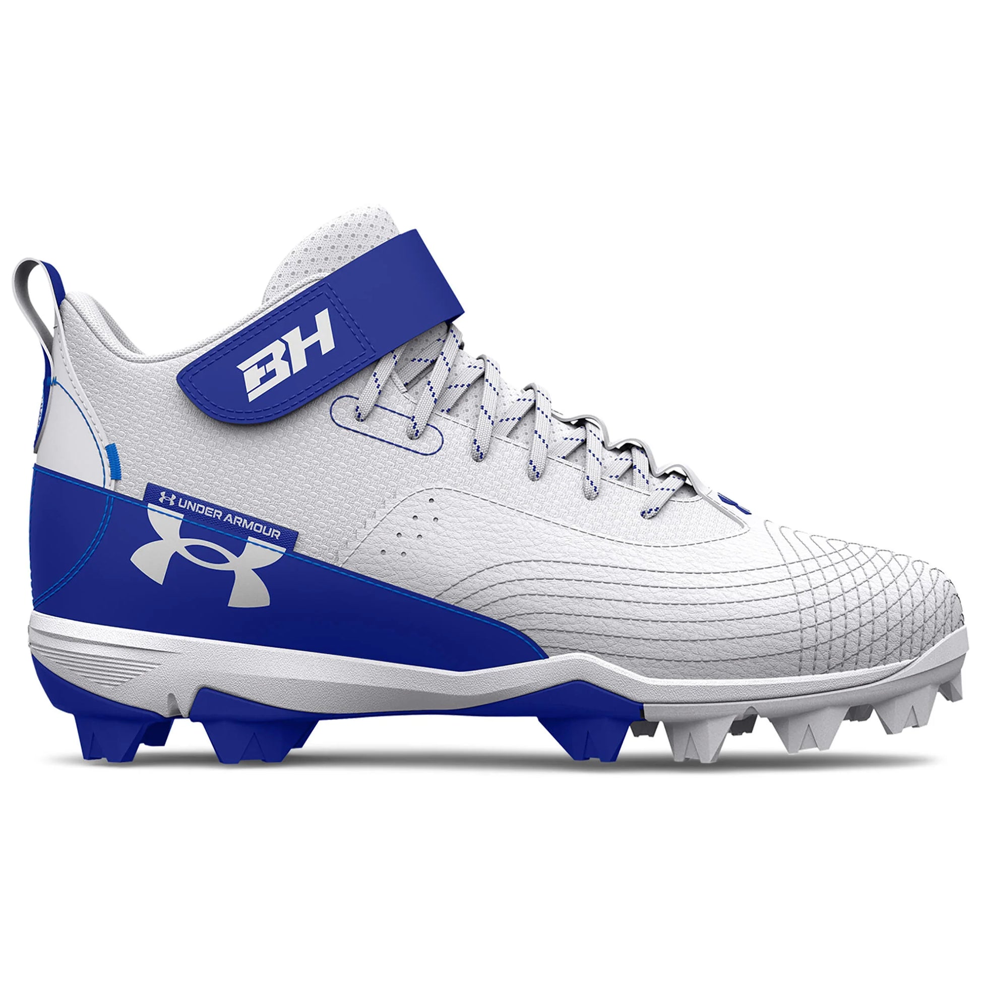 A photo of the Under Armour Harper 7 Mid RM Men's Cleats in colour white and blue side view.