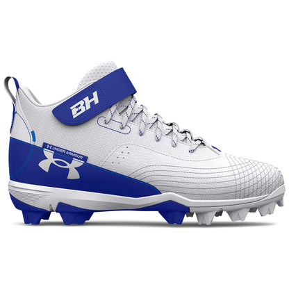A photo of the Under Armour Harper 7 Mid RM Men's Cleats in colour white and blue side view.