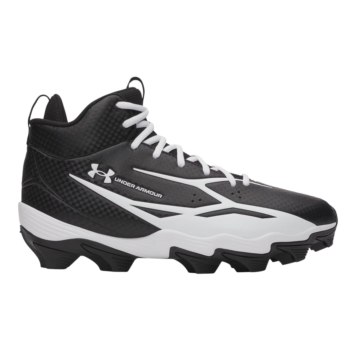 A photo of the Under Armour Spotlight Hammer Wide Senior Football Cleat in colour black and white. White UNDER ARMOUR logo and text. 