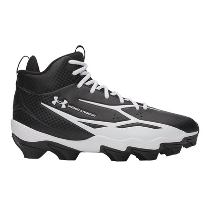 A photo of the Under Armour Spotlight Hammer Wide Senior Football Cleat in colour black and white. White UNDER ARMOUR logo and text. 