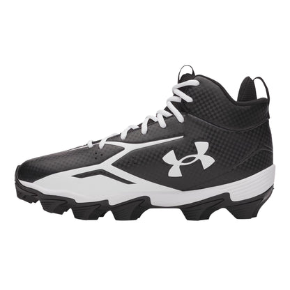 A photo of the Under Armour Spotlight Hammer Wide Senior Football Cleat in colour black and white. White UNDER ARMOUR logo and text. 