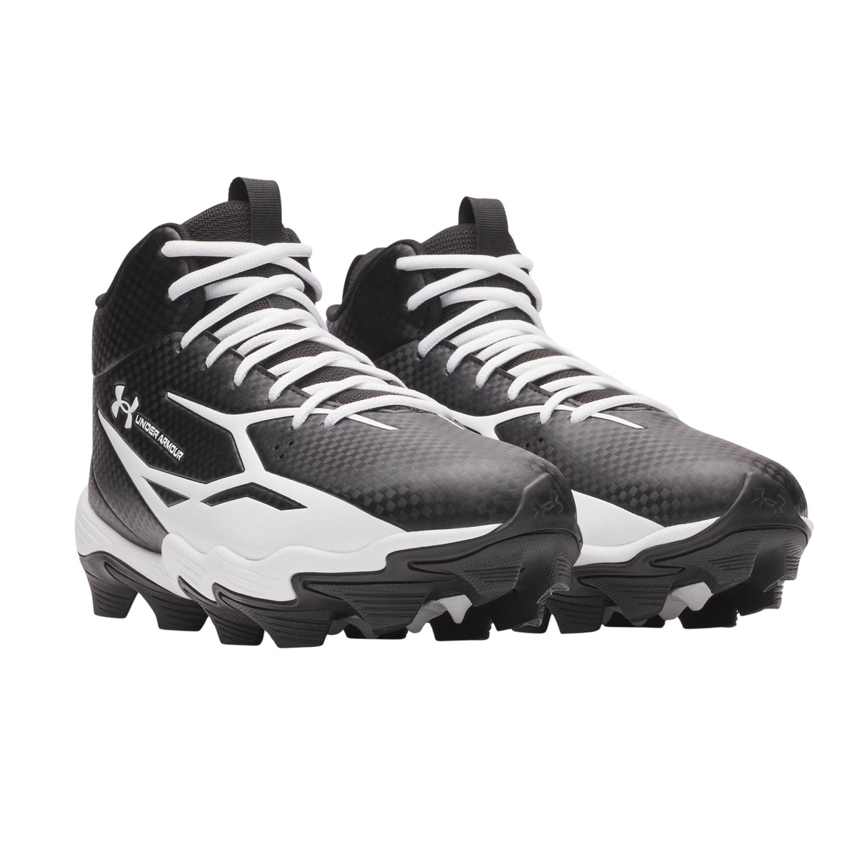 A photo of the Under Armour Spotlight Hammer Wide Senior Football Cleat in colour black and white. White UNDER ARMOUR logo and text. 