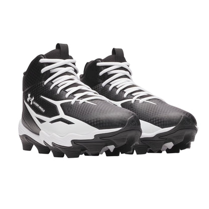 A photo of the Under Armour Spotlight Hammer Wide Senior Football Cleat in colour black and white. White UNDER ARMOUR logo and text. 