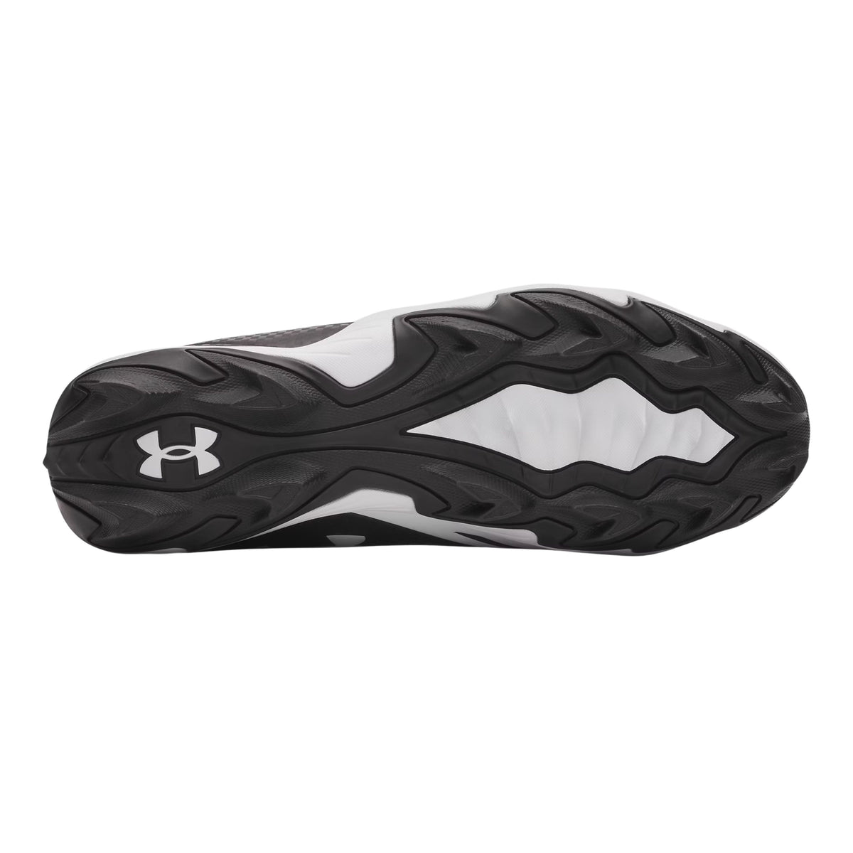 A photo of the Under Armour Spotlight Hammer Wide Senior Football Cleat in colour black and white. White UNDER ARMOUR logo and text. 