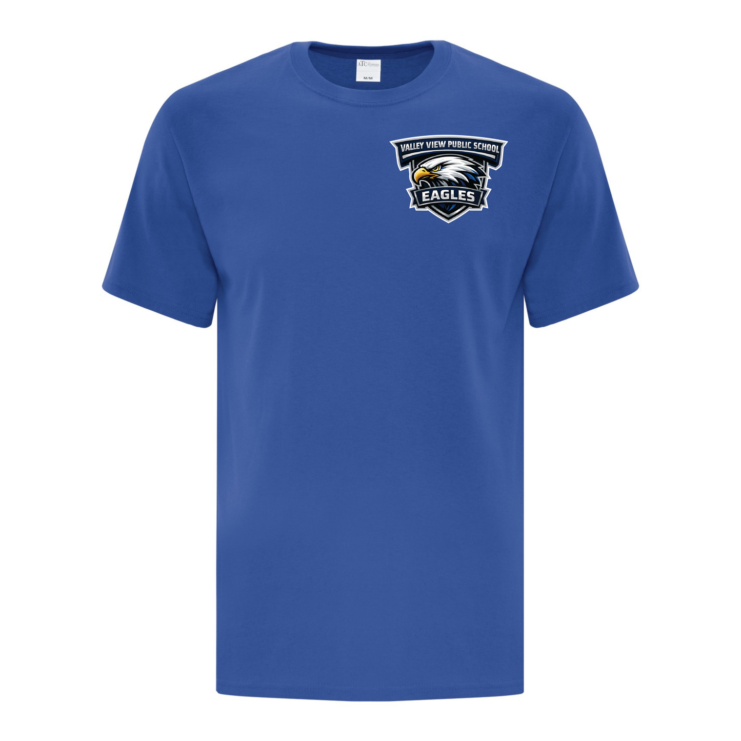 A photo of the Valley View Public School - Adult T-shirt in colour blue.