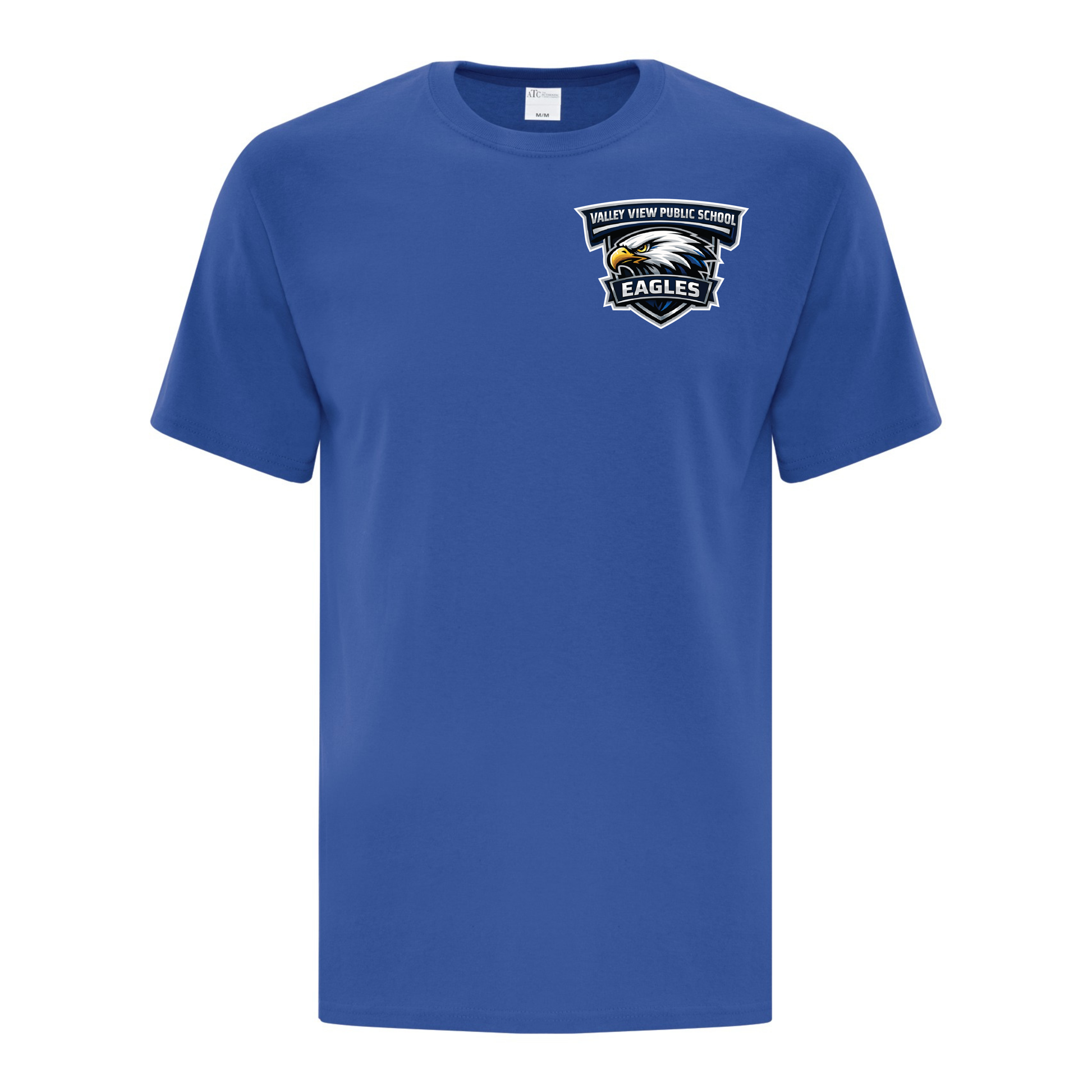 A photo of the Valley View Public School - Adult T-shirt in colour blue.
