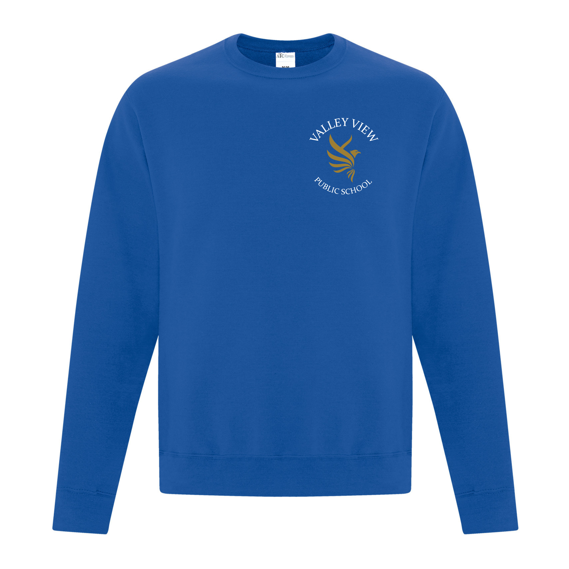 A photo of the Valley View Public School Crewneck Sweatshirt in colour blue.