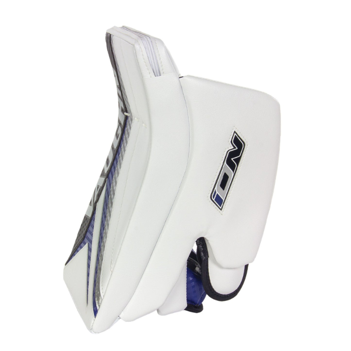 A photo of the Vaughn Ion Pro Select Senior Goalie Blocker in colour white, black and blue.