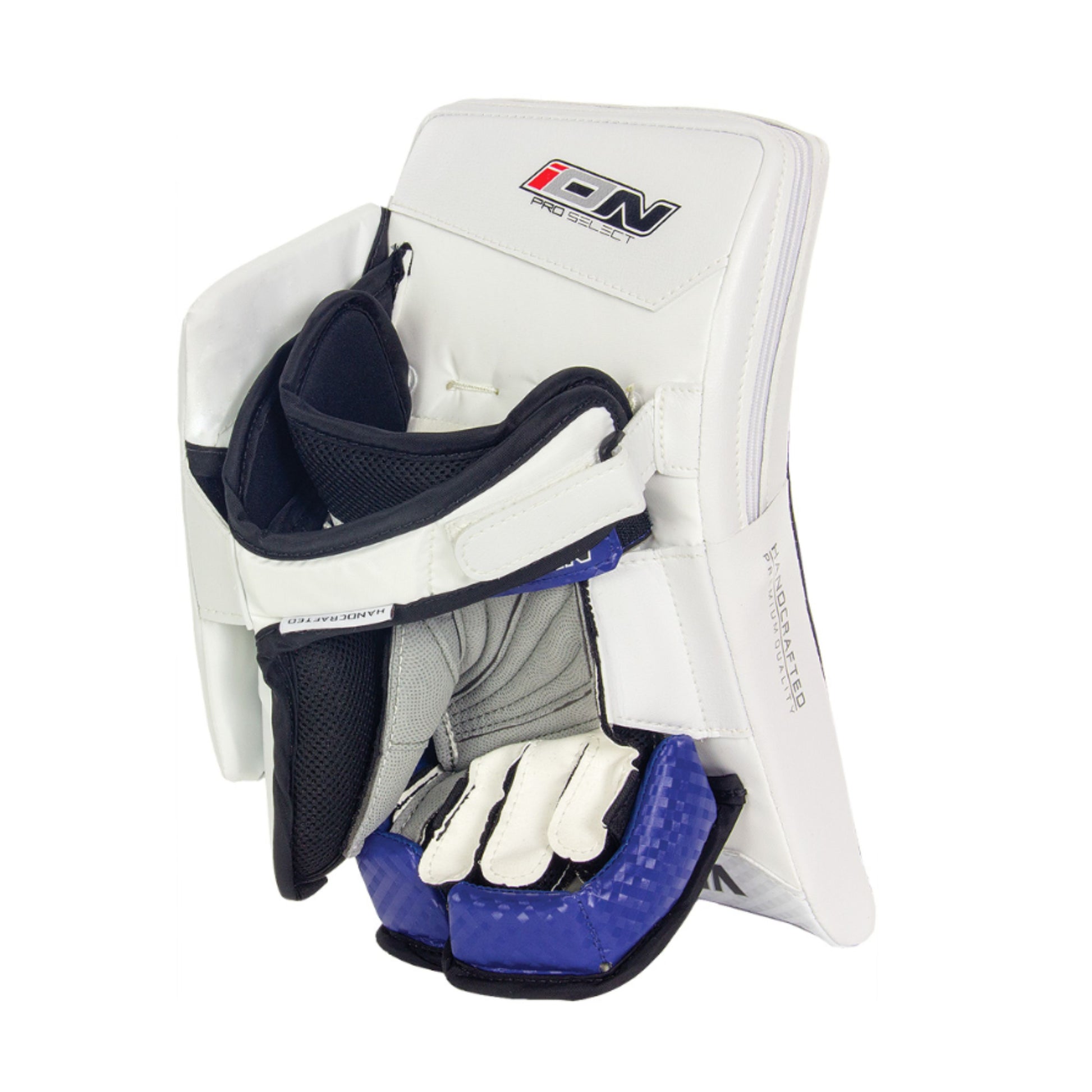 A photo of the Vaughn Ion Pro Select Senior Goalie Blocker in colour white, black and blue.