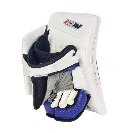 A photo of the Vaughn Ion Pro Select Senior Goalie Blocker in colour white, black and blue.