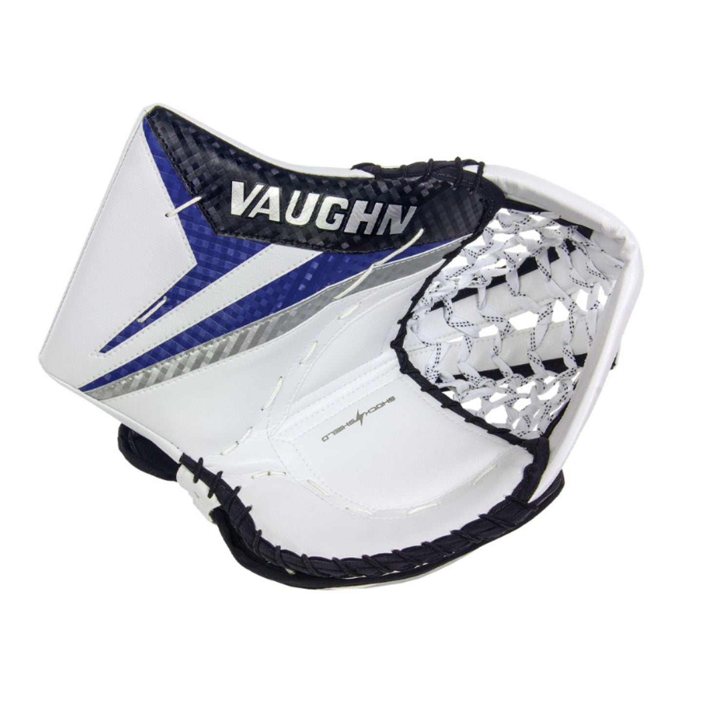 A photo of the Vaughn Ion Pro Select Senior Goalie Catcher in colour white, black and blue. 