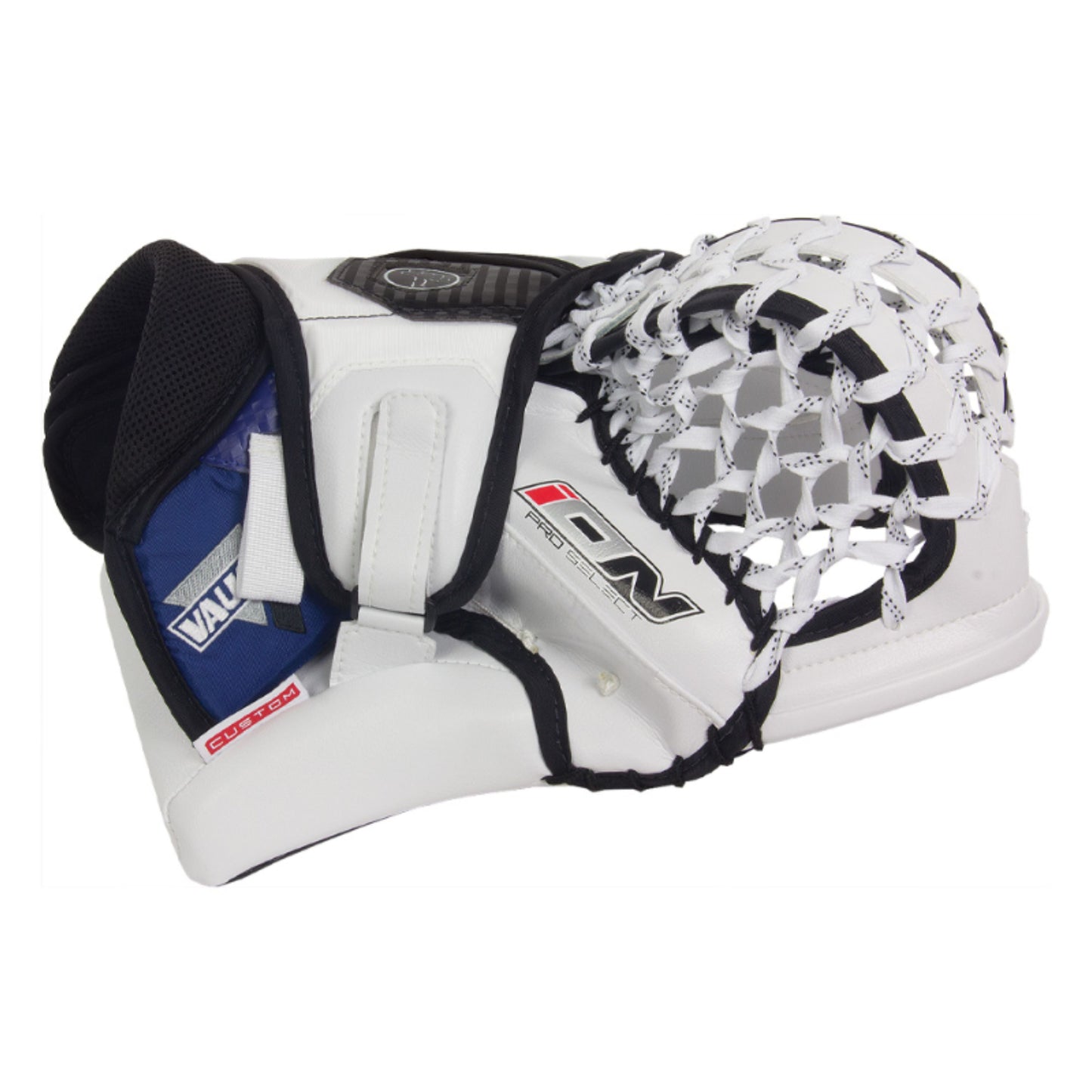 A photo of the Vaughn Ion Pro Select Senior Goalie Catcher in colour white, black and blue. 