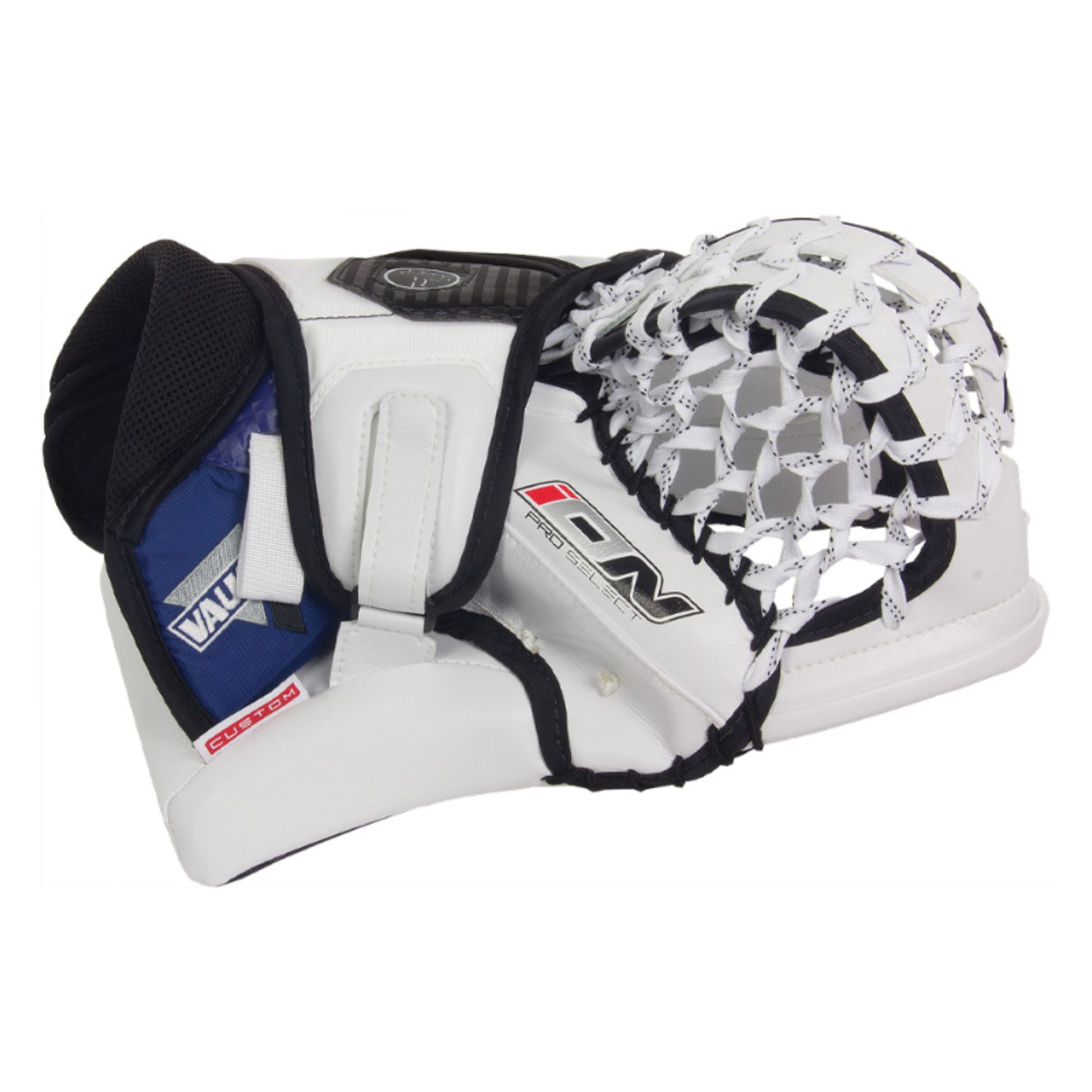 A photo of the Vaughn Ion Pro Select Senior Goalie Catcher in colour white, black and blue. 