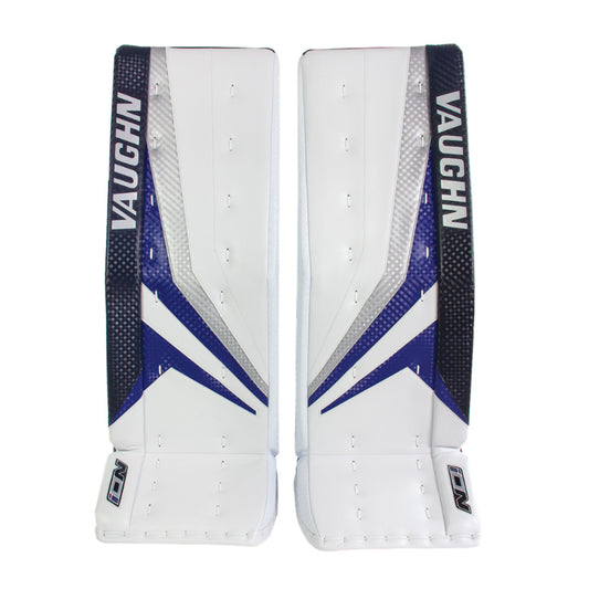 A photo of the Vaughn Ion Pro Select Senior Goalie Pad in colour white, black and blue.