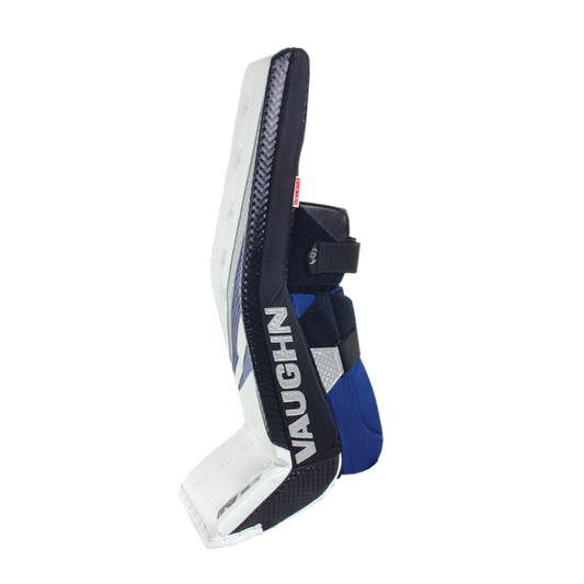 A photo of the Vaughn Ion Pro Select Senior Goalie Pad in colour white, black and blue.