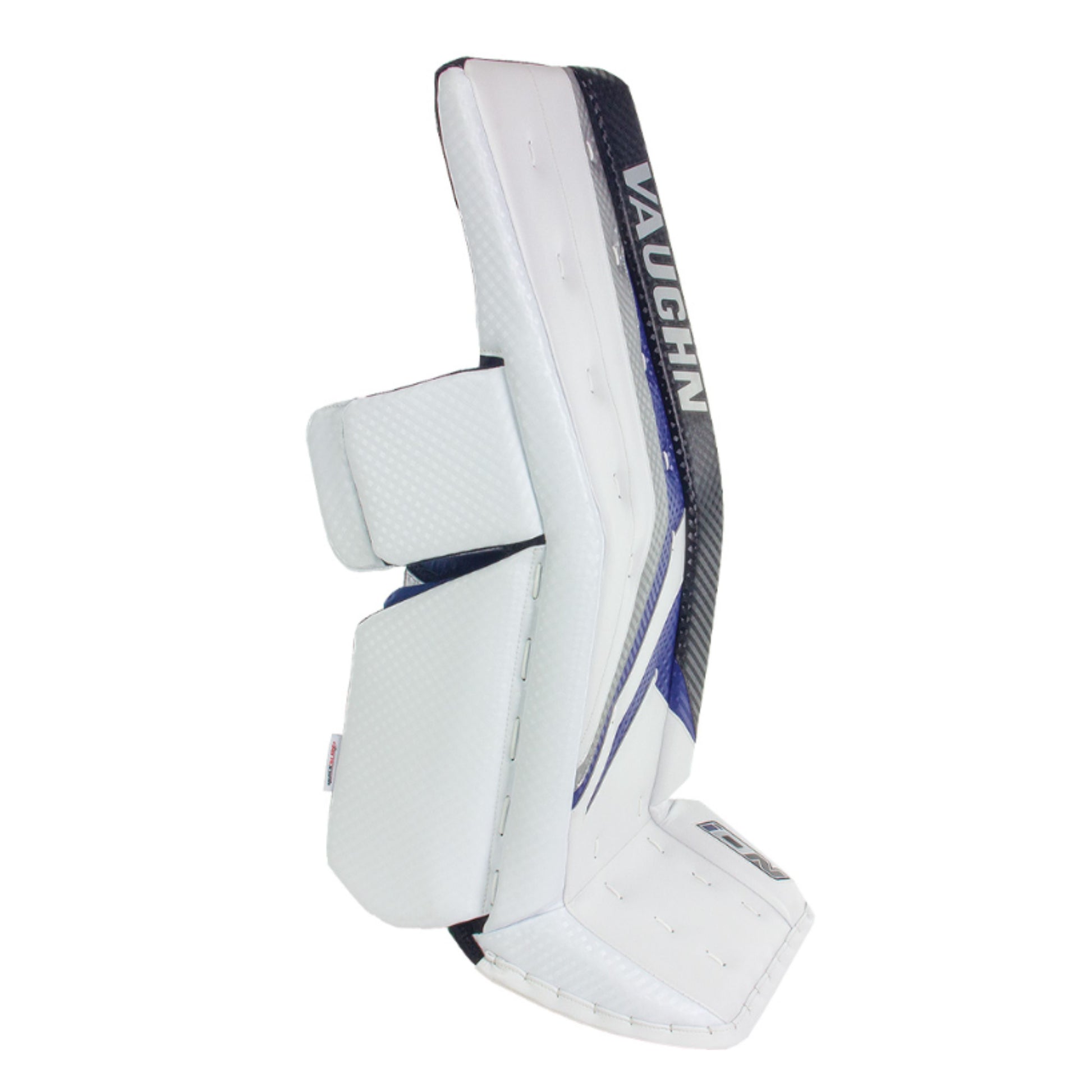 A photo of the Vaughn Ion Pro Select Senior Goalie Pad in colour white, black and blue.