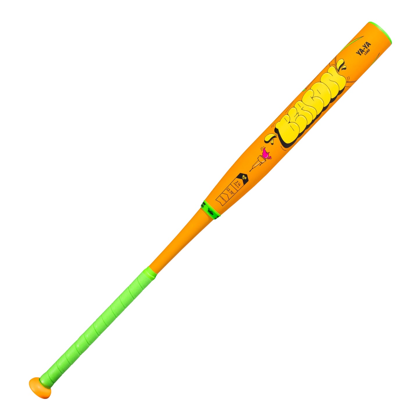 A photo of the Victus Beacon Neon Orange USSSA YA-YA Load Slo-Pitch Bat in colour orange and green.