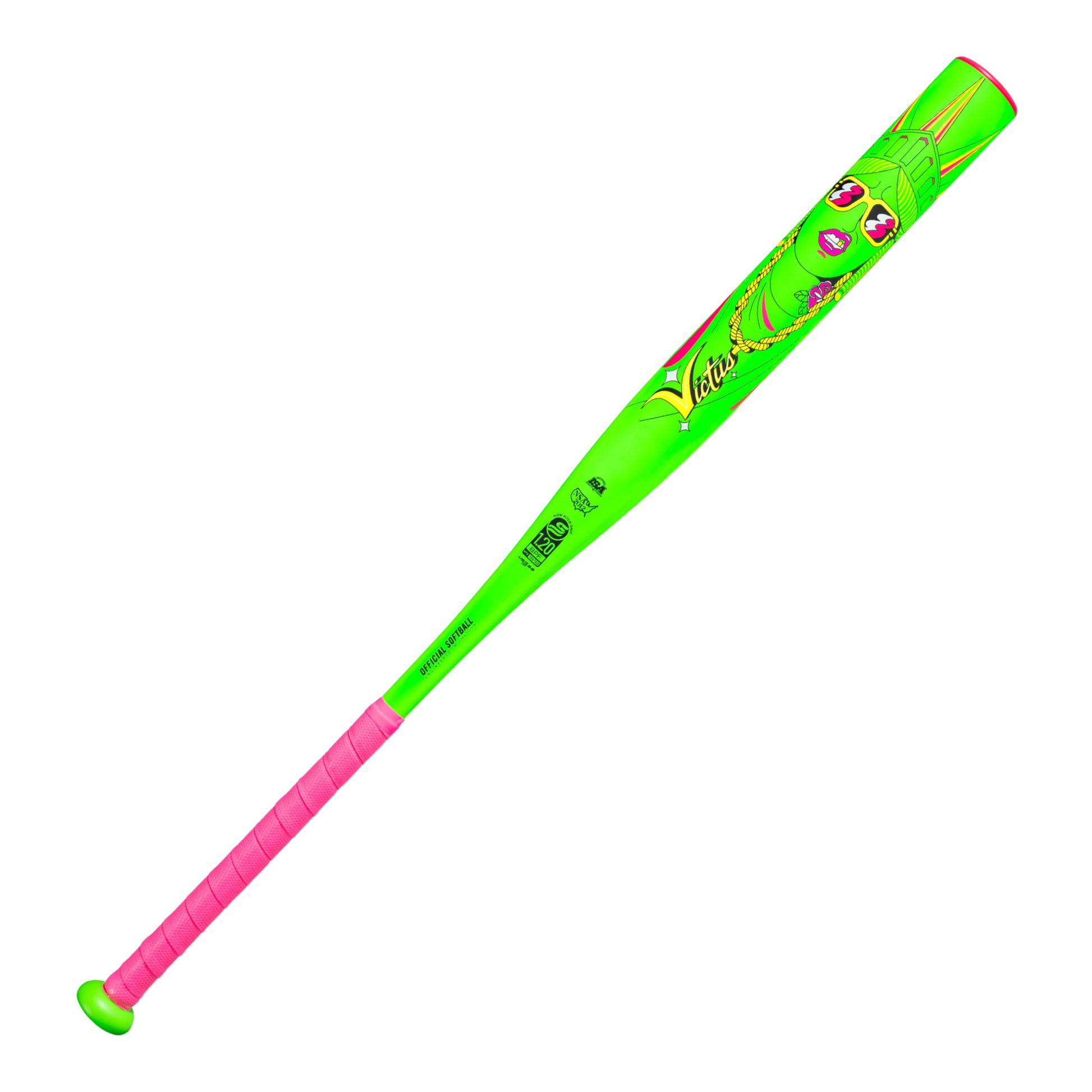A photo of the Victus Beacon Travis Clark USSSA BIG-BOY Load Slo-Pitch Bat in colour green and pink.
