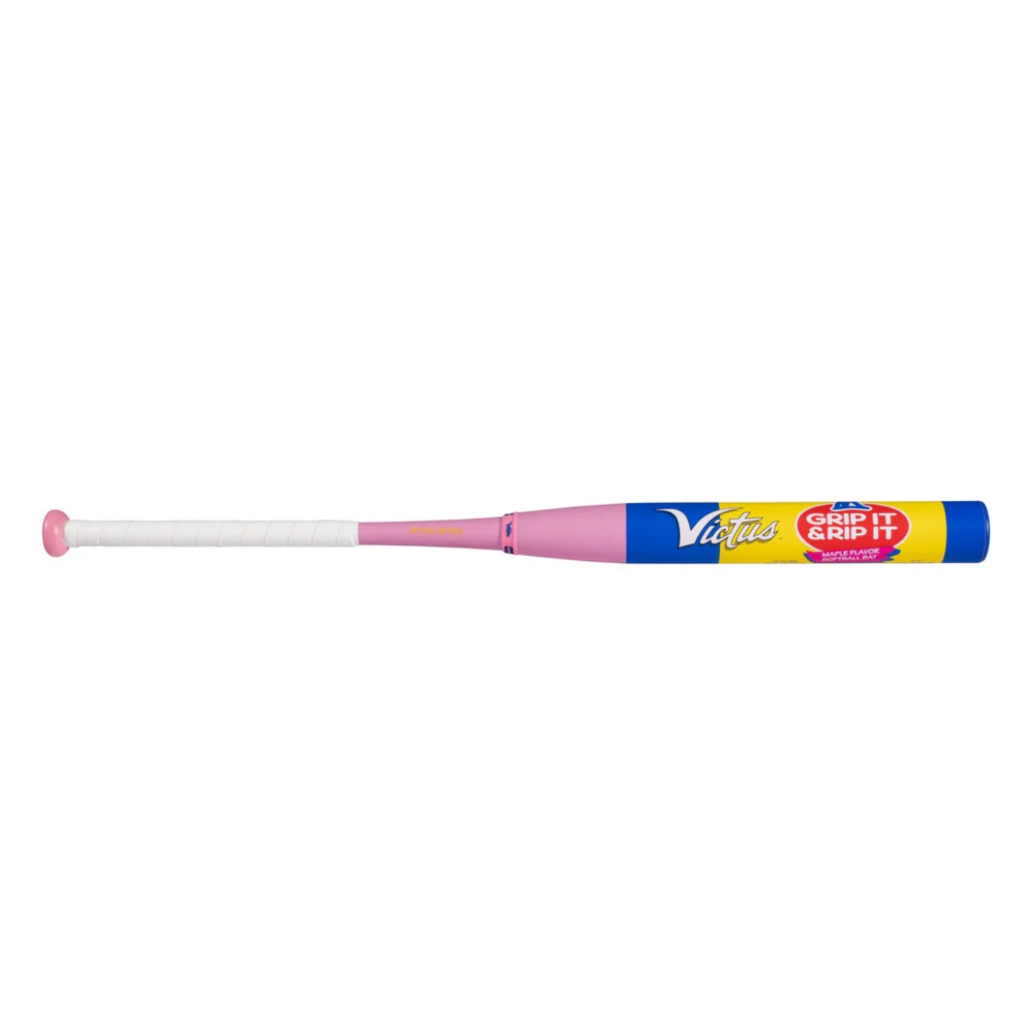 A photo of the Victus Grip It & Rip It Ya-Ya 2-PC USSSA Slo-Pitch Softball Bat in colour yellow, blue, and pink.