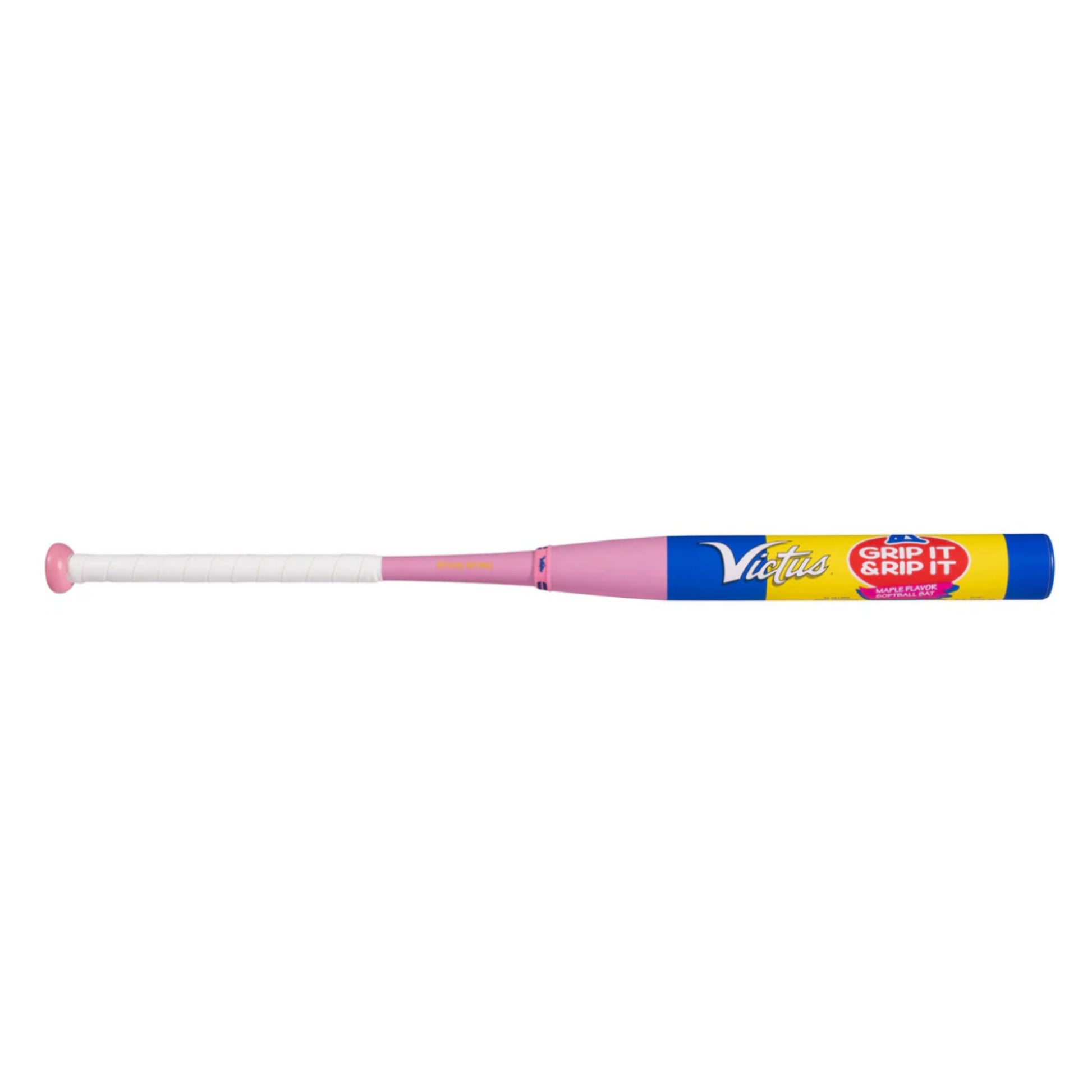 A photo of the Victus Grip It & Rip It Ya-Ya 2-PC USSSA Slo-Pitch Softball Bat in colour yellow, blue, and pink.