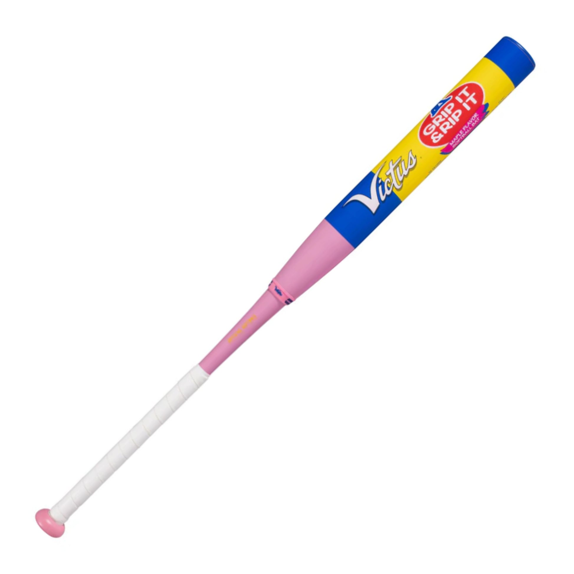 A photo of the Victus Grip It & Rip It Ya-Ya 2-PC USSSA Slo-Pitch Softball Bat in colour yellow, blue, and pink.