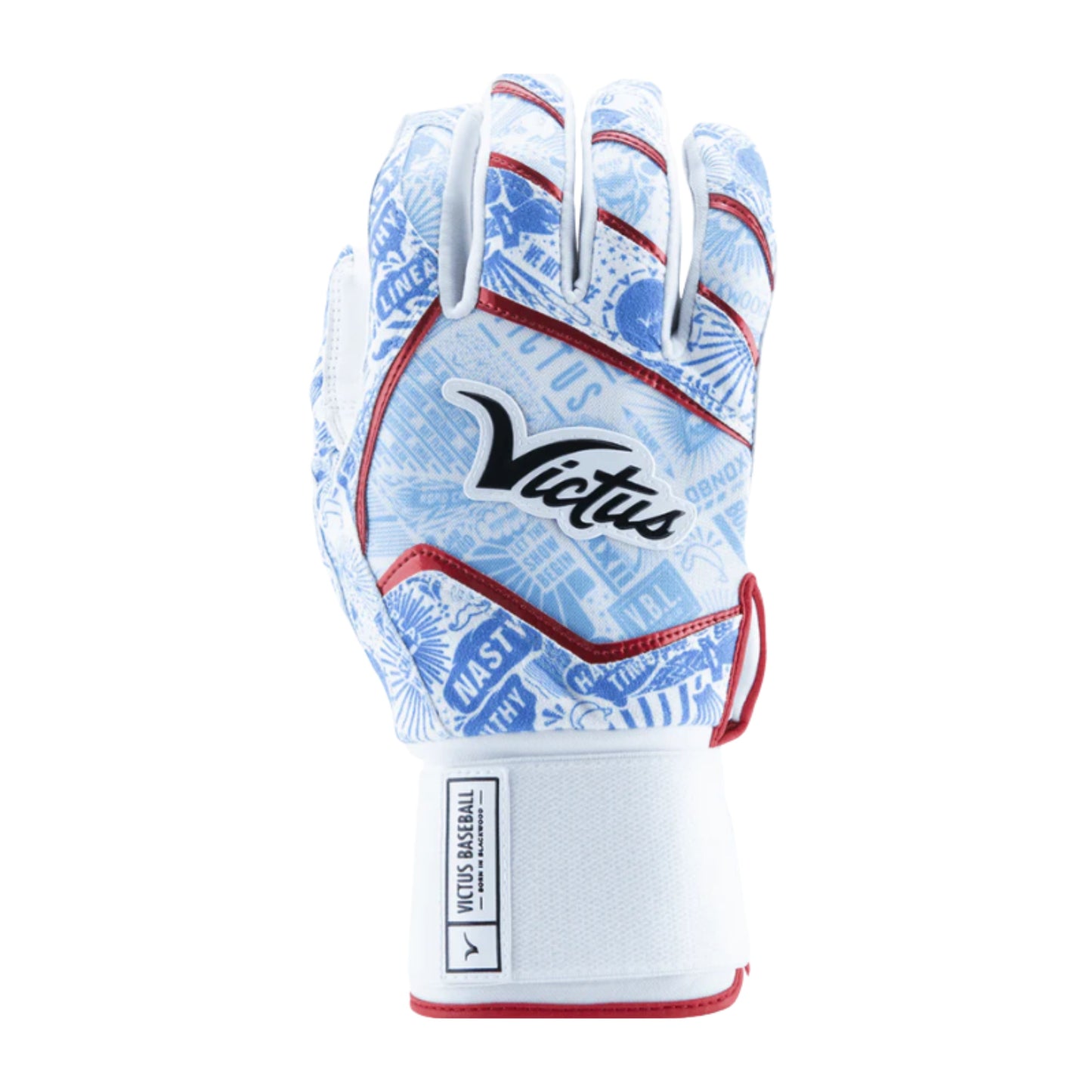 A photo of the Victus NOX Full Wrap Batting Gloves in colour white, blue and red.