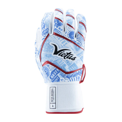 A photo of the Victus NOX Full Wrap Batting Gloves in colour white, blue and red.