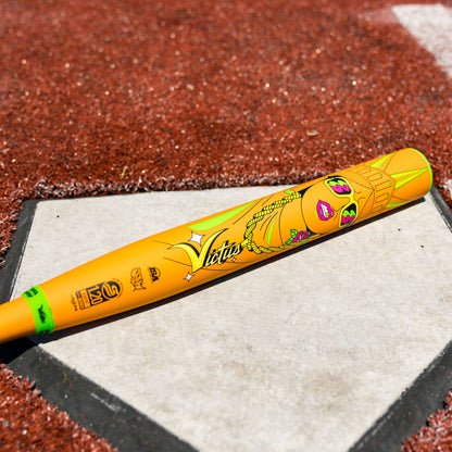 A photo of the Victus Beacon Neon Orange USSSA YA-YA Load Slo-Pitch Bat in colour orange and green.