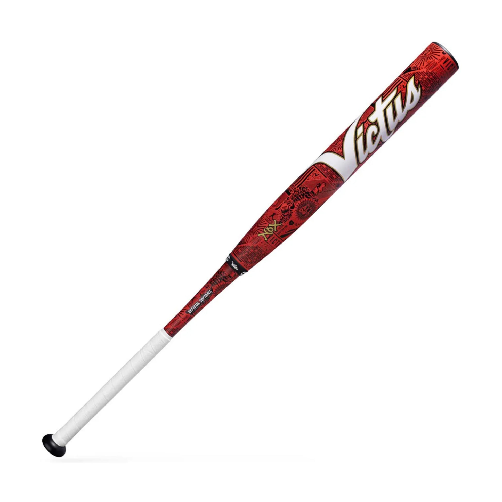 A photo of the Victus Nox 13.25" No-No Load USSSA Slo-Pitch Bat in colour red, black and white.
