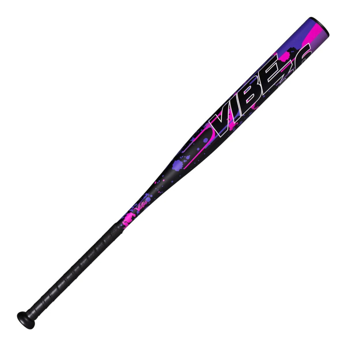 A photo of the Victus Vibe 36 1-Piece YaYa Load 12.75" Barrel Slo-pitch Bat in colour black, purple and pink.