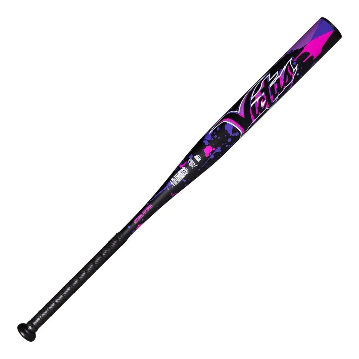A photo of the Victus Vibe 36 1-Piece YaYa Load 12.75" Barrel Slo-pitch Bat in colour black, purple and pink.
