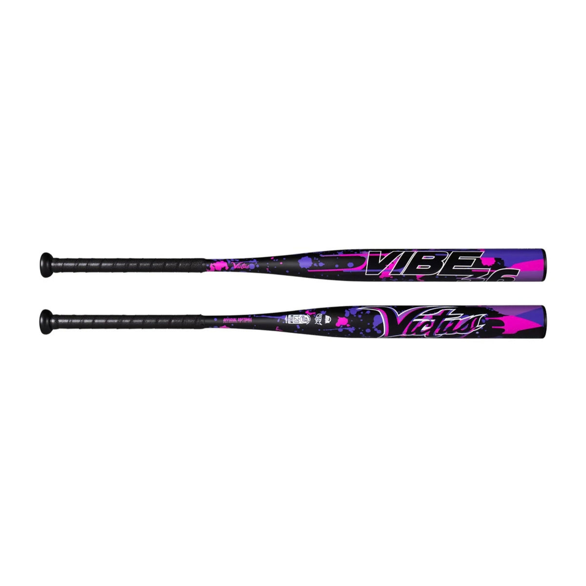 A photo of the Victus Vibe 36 1-Piece YaYa Load 12.75" Barrel Slo-pitch Bat in colour black, purple and pink.
