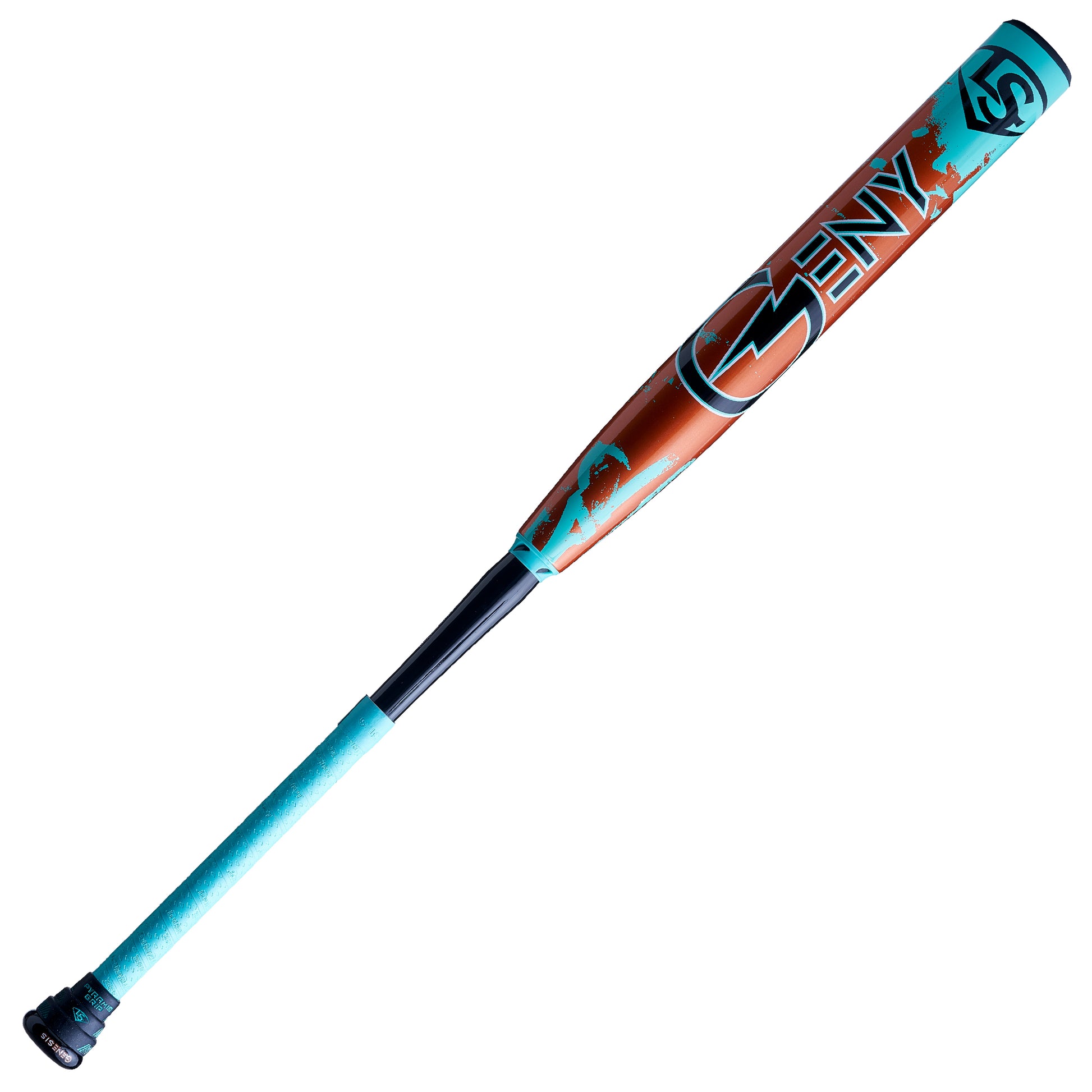 This is a photo of the 2024 Genesis 2 Piece Geny 3rd Edition Endload USSSA Bat front side with burnt orange and teal graphics.