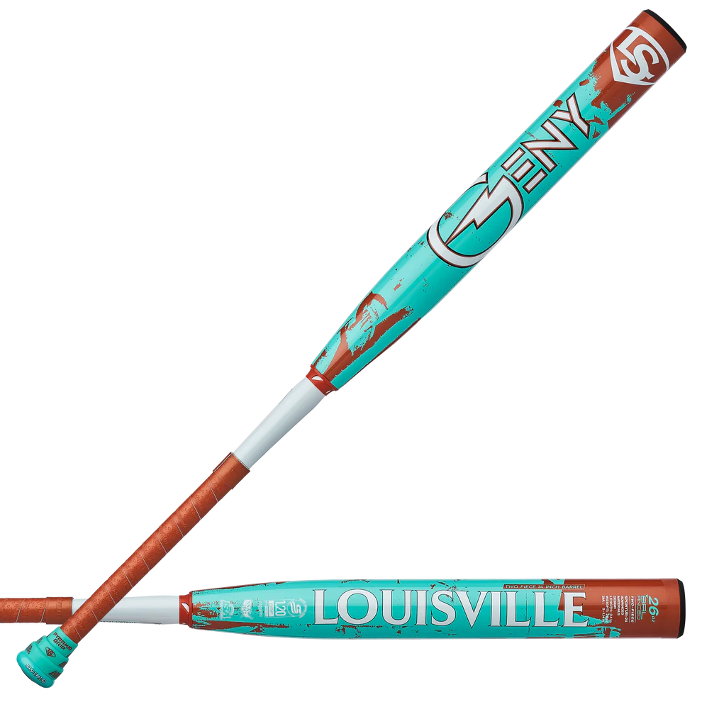 A photo of the Louisville Slugger 2024 Geny 2PC End Load Slo-Pitch Bat in colour blue and orange. dual view.