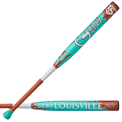 A photo of the Louisville Slugger 2024 Geny 2PC End Load Slo-Pitch Bat in colour blue and orange. dual view.