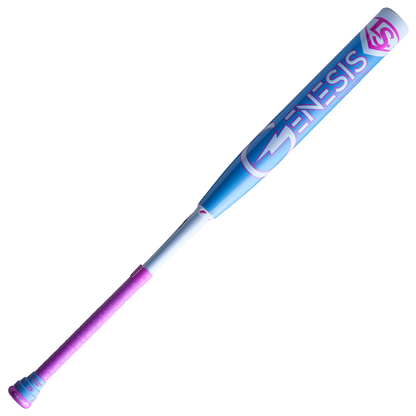 A photo of the Louisville 2024 GENESIS 2 PIECE "BUBBLE GUM" POWERLOAD USSSA BAT. It is light blue, pink, and white.
