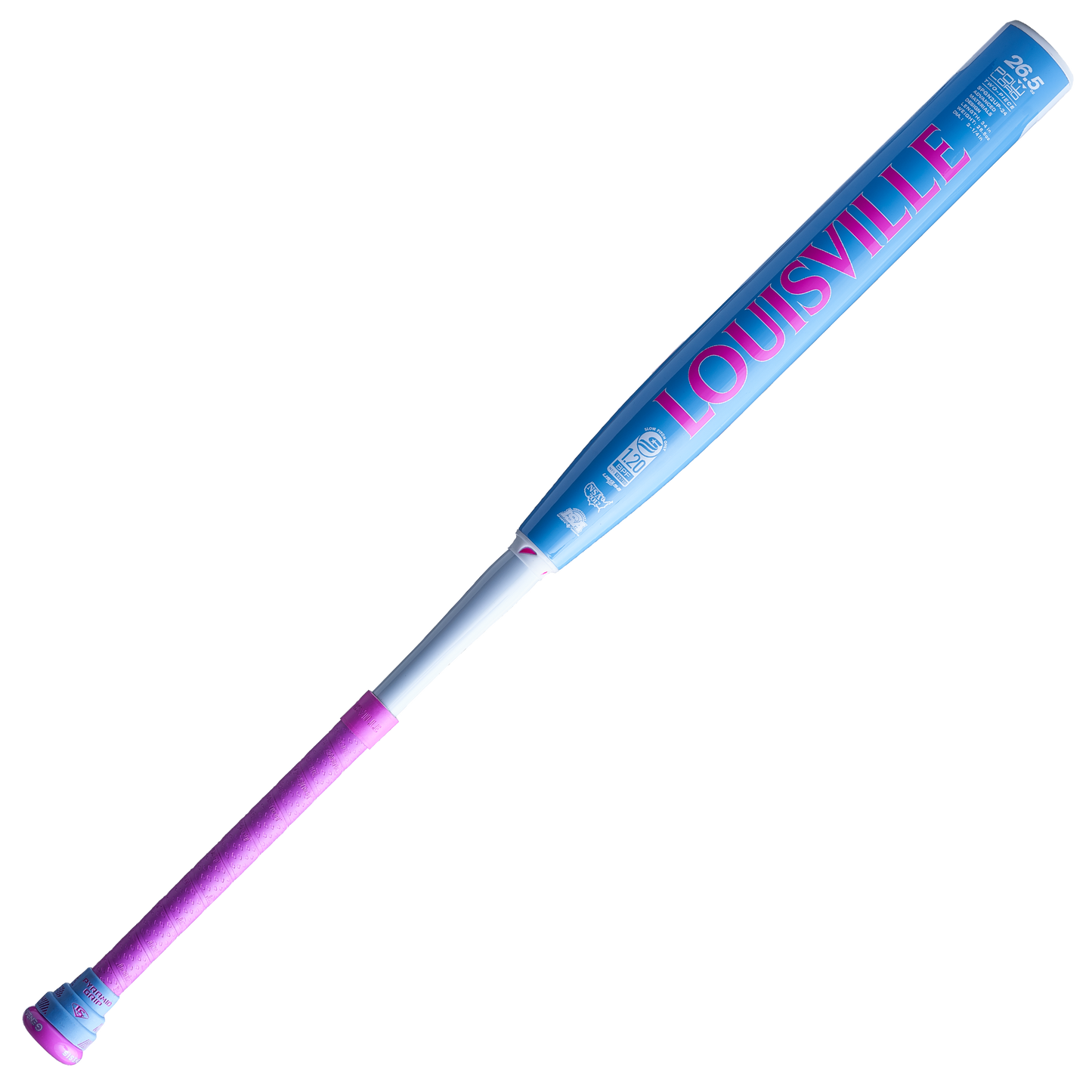 A photo of the Louisville 2024 GENESIS 2 PIECE "BUBBLE GUM" POWERLOAD USSSA BAT. It is light blue, pink, and white.