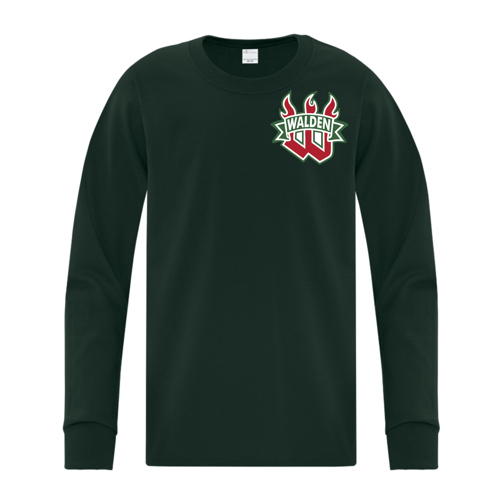 A photo of the Walden Minor Hockey Association - Youth Long Sleeve Tee in colour green.
