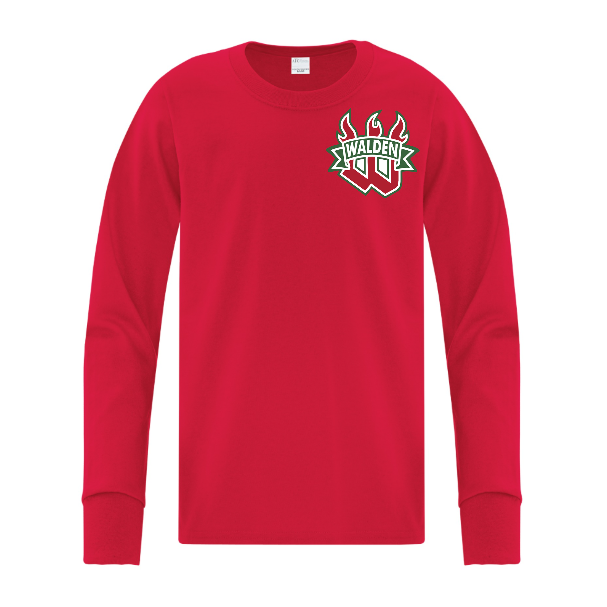 A photo of the Walden Minor Hockey Association - Youth Long Sleeve Tee in colour red.