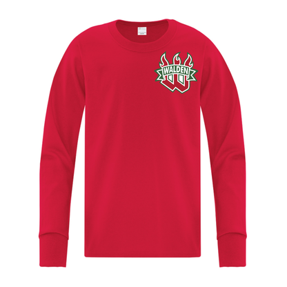 A photo of the Walden Minor Hockey Association - Youth Long Sleeve Tee in colour red.