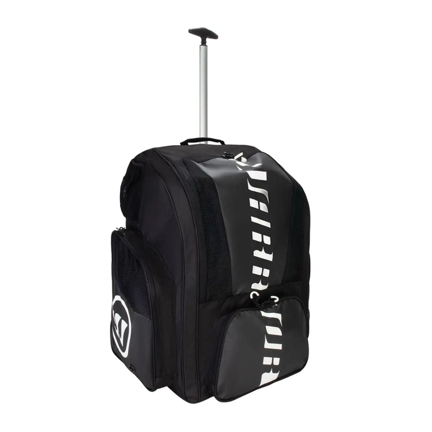 A photo of the Warrior Senior A20 Hockey Roller Backpack in colour black with white Warrior logo.