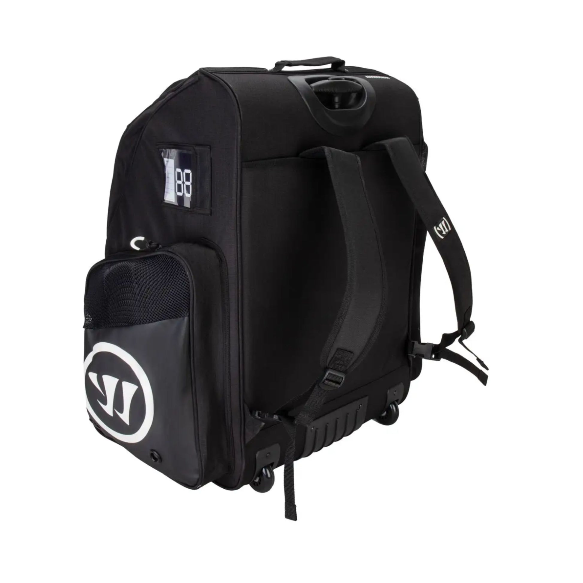 A photo of the Warrior Senior A20 Hockey Roller Backpack in colour black with white Warrior logo.